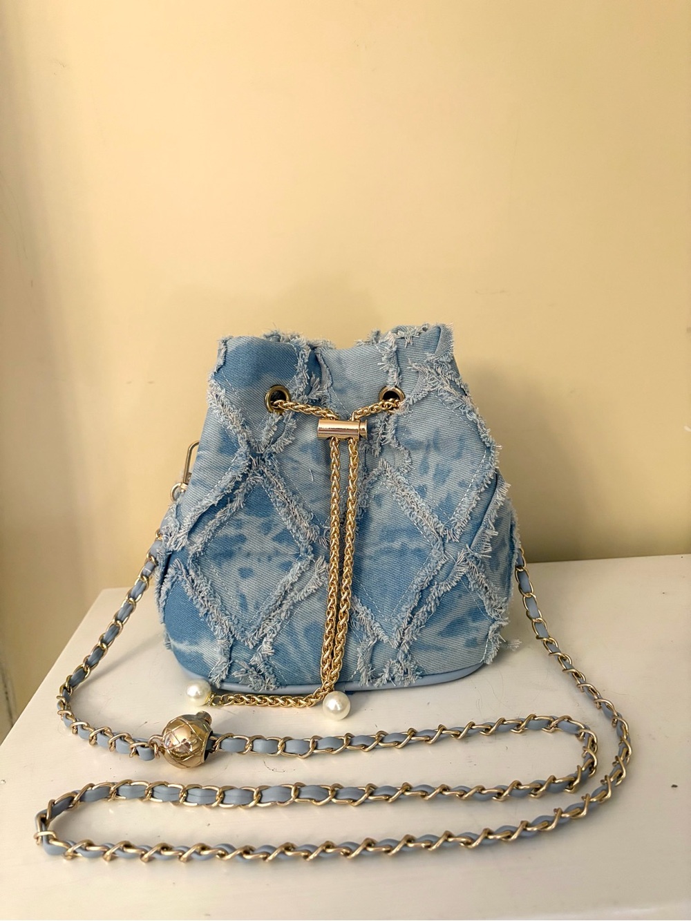 NWOT Light Blue Denim Bucket Bag with Gold Chain and Pearl Detail